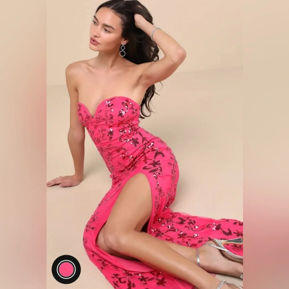 NWT Lulus Prom Hot Pink Sequin Strapless Mermaid Maxi Dress - Size XS - Picture 4 of 4